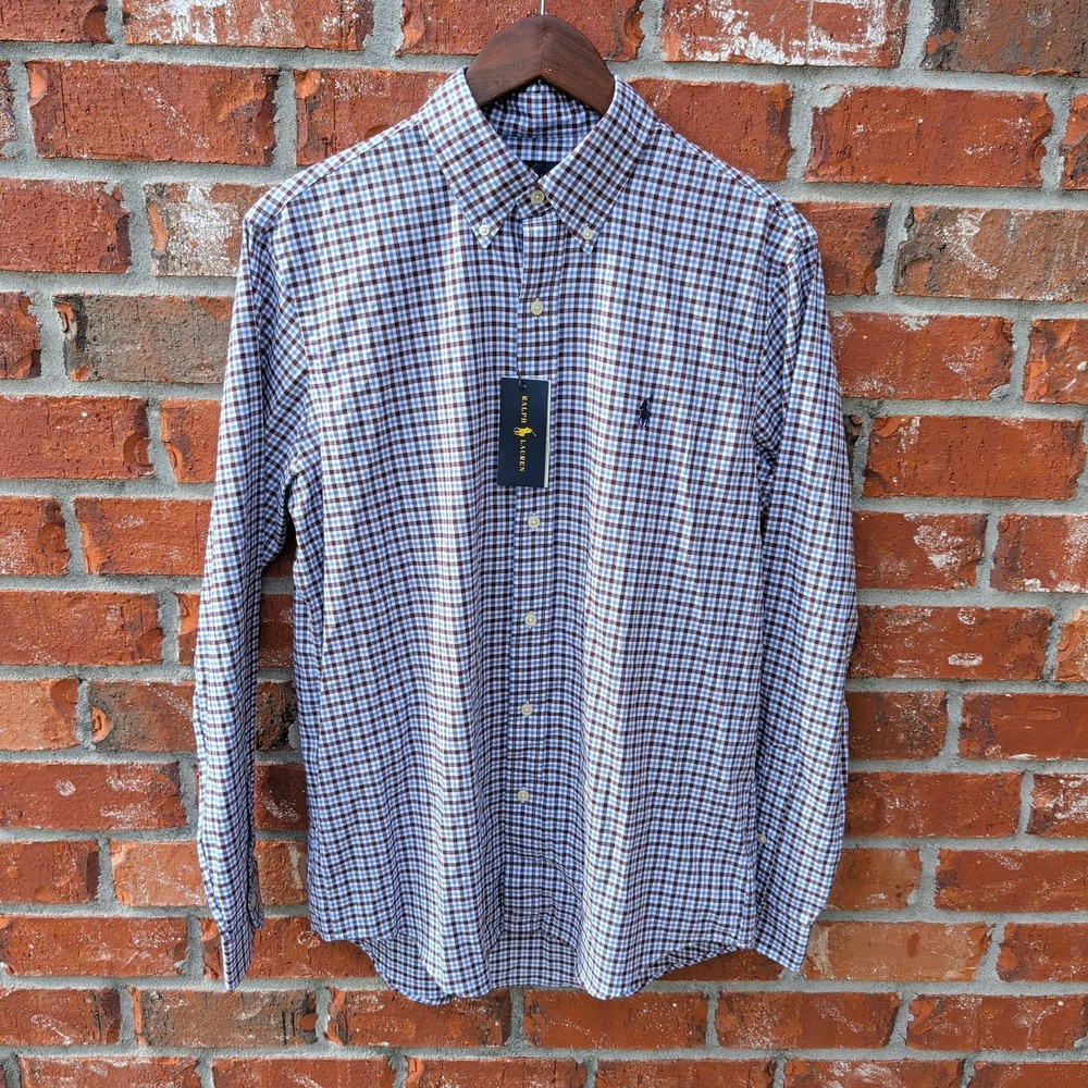 Ralph‎ Lauren Button Down Shirt Mens M Brown Blue Gingham Check Classic Fit NWT